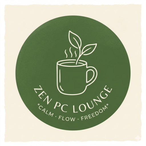 Zen PC Lounge circular logo featuring a coffee mug with steam and a small two-leaf sprout, set inside a dark warm green circle on a warm cream and yellow background.